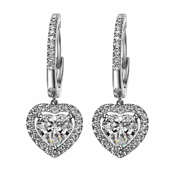 925 Silver Plated Trendy Heart Cut CZ Drop Earrings, FB16FA1073 - Picture 1 of 5